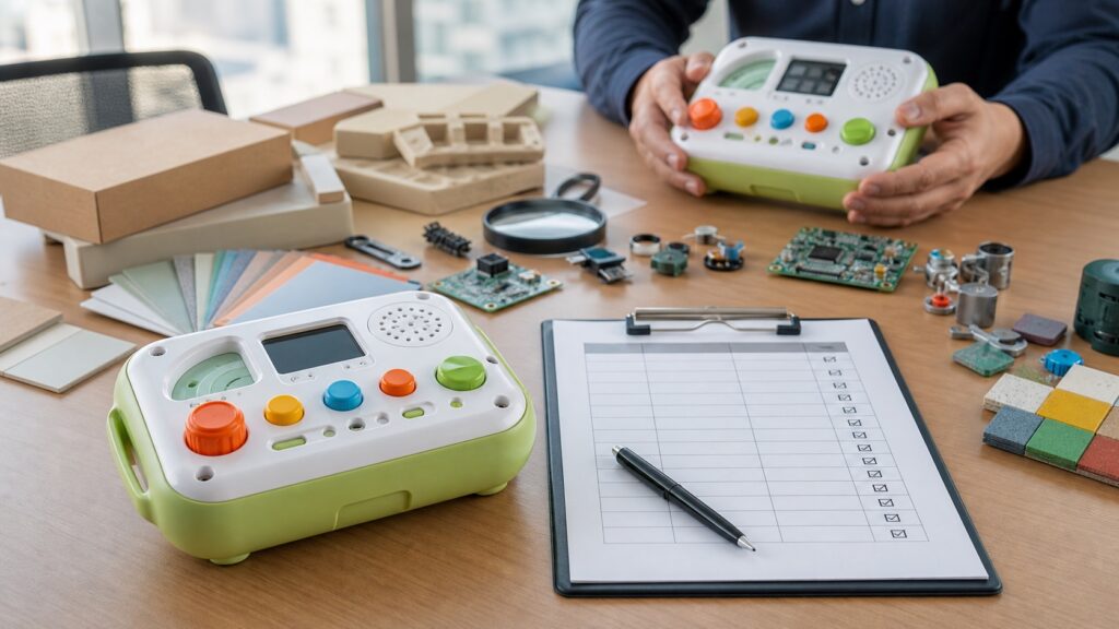 Pre-production sample review of an interactive educational toy prototype with quality inspection checklist and modular electronic components on a conference table