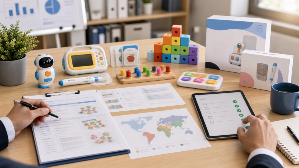 B2B sourcing inquiry preparation desk with educational toy samples, packaging, product sheets, market map, and tablet checklist.