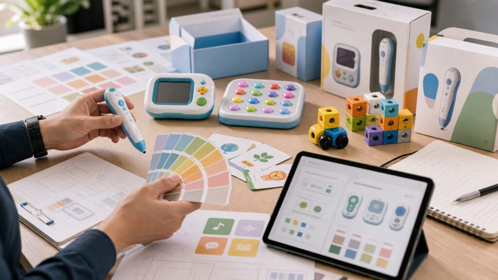 OEM educational toy customization materials including color swatches, packaging mockups, learning cards, toy samples, and a product configuration tablet.