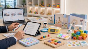 Professional sourcing desk with interactive educational toy samples, packaging mockups, and a tablet checklist for B2B supplier evaluation.